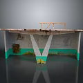 Industrial Equipment Platform with V Shaped Supports Green Gray Orange Frame Worn Texture