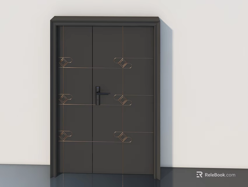 Dark Door With Metal Decorative Patterns And Black Handle In Modern Design 3d model