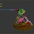 Sci Fi Game Movie Character With Mechanical Limbs And Spear Standing On Orange Base