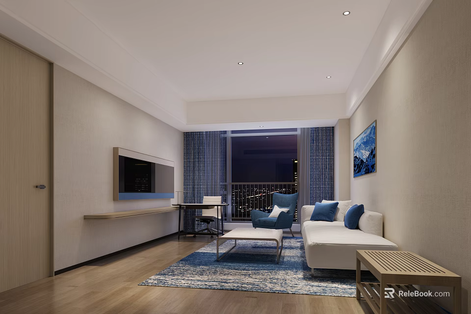 Modern Hotel Room Interior with Sofa Blue Cushions Wooden Floor and Night View 3d model 