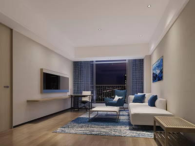 Modern Hotel Room Interior with Sofa Blue Cushions Wooden Floor and Night View 3d model