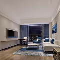 Modern Hotel Room Interior with Sofa Blue Cushions Wooden Floor and Night View