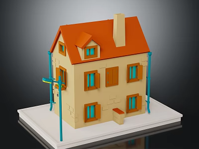 Two Story Miniature House Model With Yellow Walls Red Roof Chimney Windows And Door 3d model