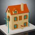Two Story Miniature House Model With Yellow Walls Red Roof Chimney Windows And Door