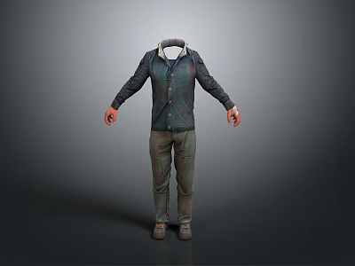 3D Character Model Wearing Dark Jacket Green Pants With Red Hands On Gray Background 3d model