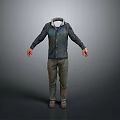 3D Character Model Wearing Dark Jacket Green Pants With Red Hands On Gray Background