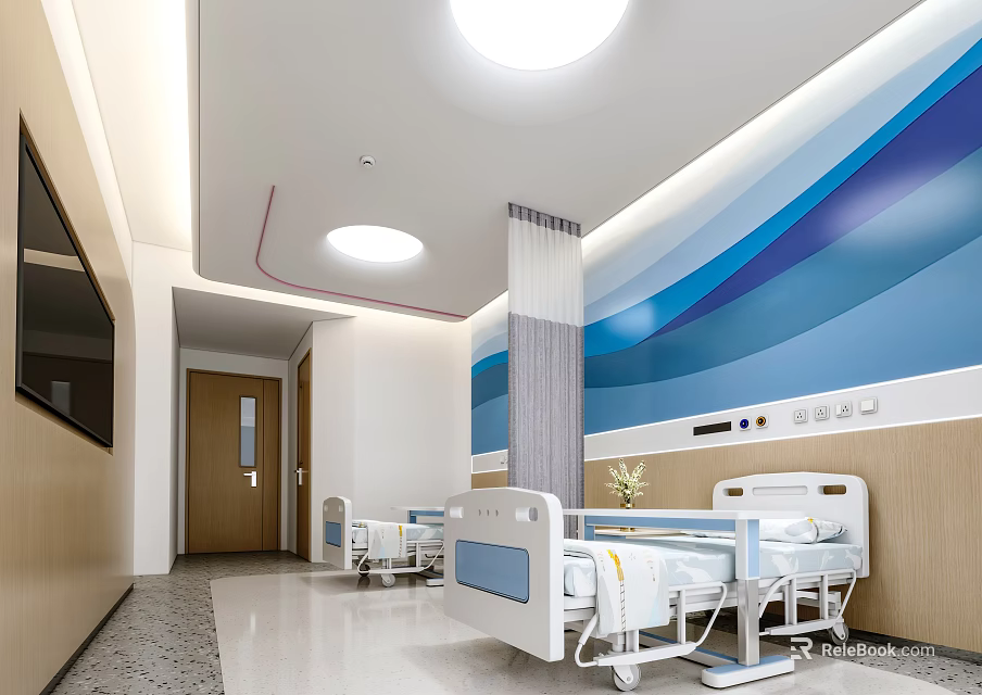 Modern Hospital Ward Interior With White Beds Blue Wall Decor And Wooden Walls 3d model 