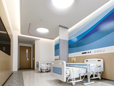 Modern Hospital Ward Interior With White Beds Blue Wall Decor And Wooden Walls 3d model