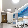Modern Hospital Ward Interior With White Beds Blue Wall Decor And Wooden Walls