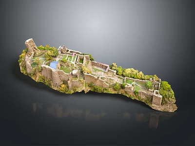 Detailed Castle Ruins Model With Stone Walls Green Vegetation And Courtyard 3d model
