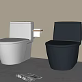 Modern White and Black Toilets Against Wall with Toilet Paper Holders and Newspaper on Floor
