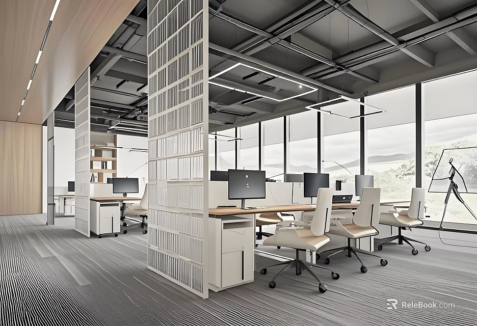 Modern Public Office Interior Design With Open Layout Workstations And Large Windows 3d model