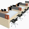 Modern Office Workstations With Numbered Desks Black Rolling Chairs And Divider Panels 3d model