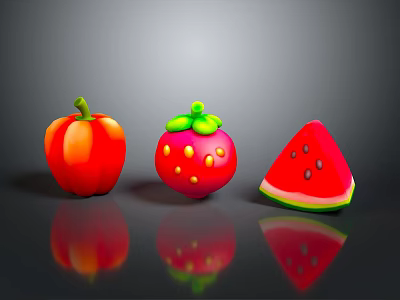 Fresh Red Bell Pepper Juicy Strawberry And Ripe Watermelon Slice Fruits 3d model