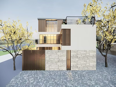 Modern Two Story Detached Villa With Large Glass Windows Stone Walls Wooden Fences And Trees 3d model