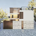 Modern Two Story Detached Villa With Large Glass Windows Stone Walls Wooden Fences And Trees