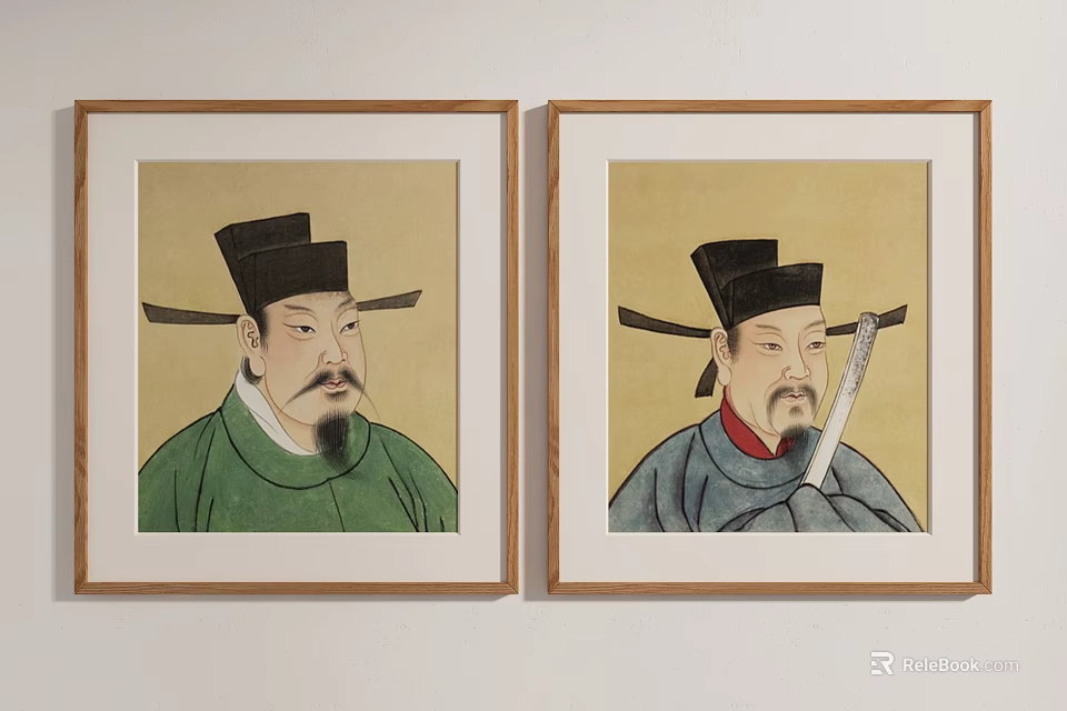 Two Framed Ancient Chinese Portrait Paintings With Traditional Attire And Black Hats 3d model 