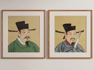 Two Framed Ancient Chinese Portrait Paintings With Traditional Attire And Black Hats 3d model