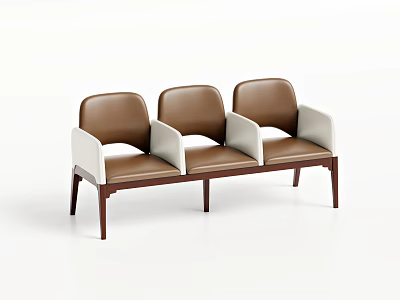 Modern Three Seat Public Chair With Brown Backrest White Armrests And Wooden Legs 3d model