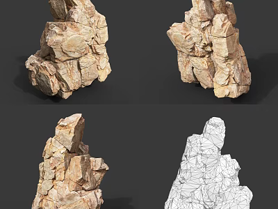 Realistic Stone Wood Sculpture 3D Model Design With Textured Views And Wireframe 3d model