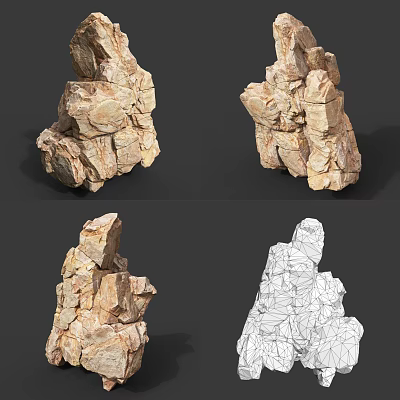 Realistic Stone Wood Sculpture 3D Model Design With Textured Views And Wireframe 3d model