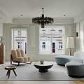 Elegant Modern Living Room Interior Design With Chandelier Blue Sofa Round Coffee Table And Fireplace