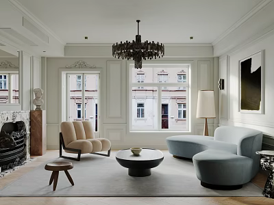 Elegant Modern Living Room Interior Design With Chandelier Blue Sofa Round Coffee Table And Fireplace 3d model