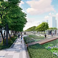 Urban Waterfront Landscape Design With Pedestrian Walkway Lush Greenery And Water Feature