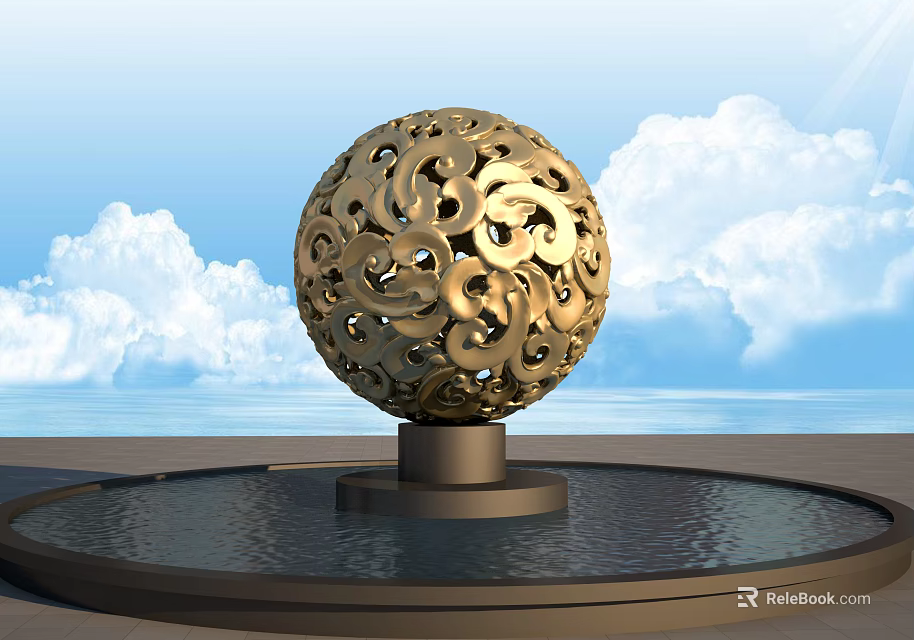 Golden Hollow Sphere Garden Ornament With Decorative Patterns And Water Basin Base 3d model 