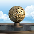 Golden Hollow Sphere Garden Ornament With Decorative Patterns And Water Basin Base
