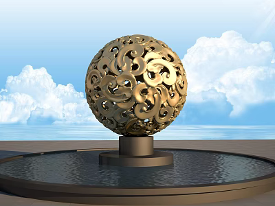 Golden Hollow Sphere Garden Ornament With Decorative Patterns And Water Basin Base 3d model