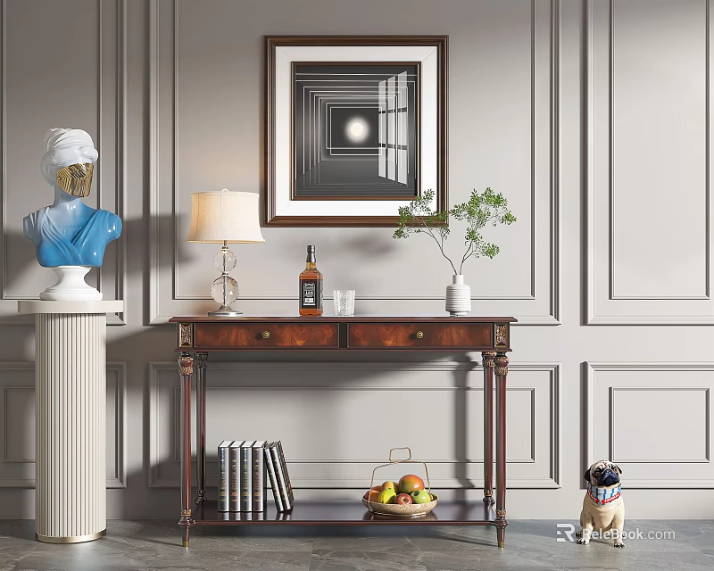 Stylish Entryway Console Table With Lamp Vase Books And Decorative Sculpture 3d model