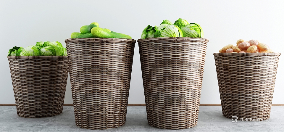 Fresh Vegetables Including Cucumbers Cabbages And Potatoes Arranged In Wicker Baskets 3d model 