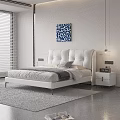 Modern Double Bed With Upholstered Headboard Neutral Bedding Nightstand And Abstract Wall Art