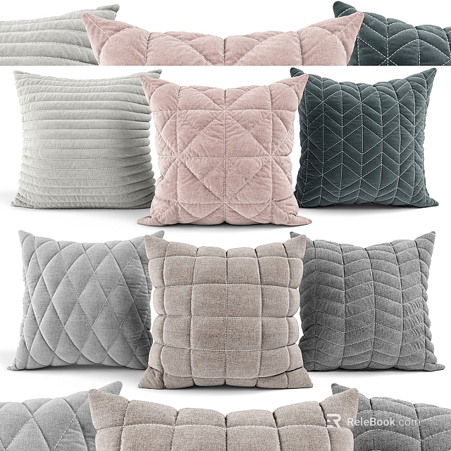 Decorative Velvet Pillows with Light Gray Pink Dark Green Quilted Diamond Striped Patterns 3d model 