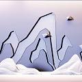 Decorative Ornament Set Featuring Grey Geometric Mountain Shapes and Brown Rock-like Ornaments on Wooden Wall