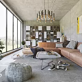 Modern Living Room Interior With Large Windows Gray Walls Bookshelf Brown Sofa And Coffee Table