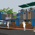 Blue Container Homestay Building With Terrace Open Area Tables Chairs And Green Plants