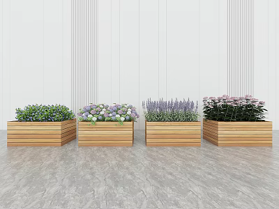 Wooden Flower Planters with Colorful Mixed Flowers in Modern Rectangular Interior Space 3d model