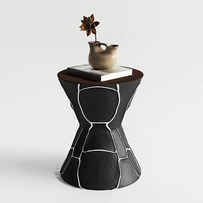 Modern Geometric Black Side Table With Round Wooden Top And Vase On Book 3d model