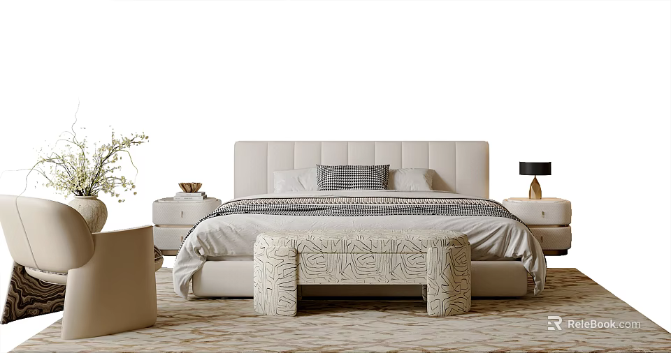 Modern Double Bed with Upholstered Headboard Bedding Pillows Nightstands Table Lamp and Bench on Rug 3d model 