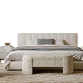 Modern Double Bed with Upholstered Headboard Bedding Pillows Nightstands Table Lamp and Bench on Rug