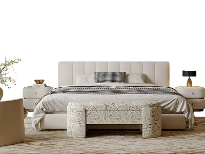 Modern Double Bed with Upholstered Headboard Bedding Pillows Nightstands Table Lamp and Bench on Rug 3d model