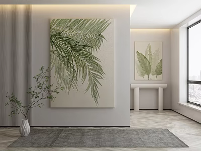 Modern Minimalist Interior With Large Green Leaf Plant Painting And Smaller Wall Artwork 3d model
