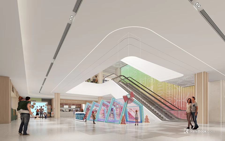 Group Photo Spot In Mall Interior With Escalator Colorful Decor 3d model 