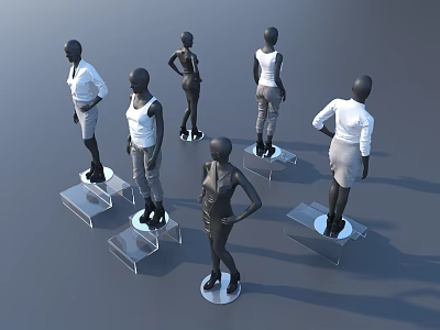 Fashion Mannequins In Various Poses Wearing Different Outfits On Transparent Bases 3d model