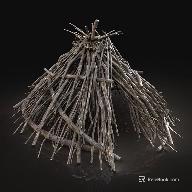 Rustic Conical Outdoor Tent Constructed Using Natural Tree Branches and Twigs 3d model 