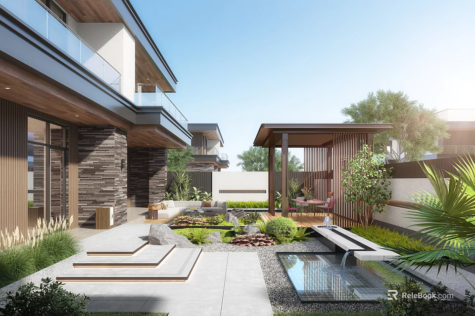 Modern Courtyard Garden Design With Water Feature Lush Greenery Stone Pathway And Wooden Pavilion 3d model 