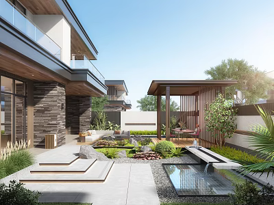 Modern Courtyard Garden Design With Water Feature Lush Greenery Stone Pathway And Wooden Pavilion 3d model