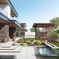 Modern Courtyard Garden Design With Water Feature Lush Greenery Stone Pathway And Wooden Pavilion